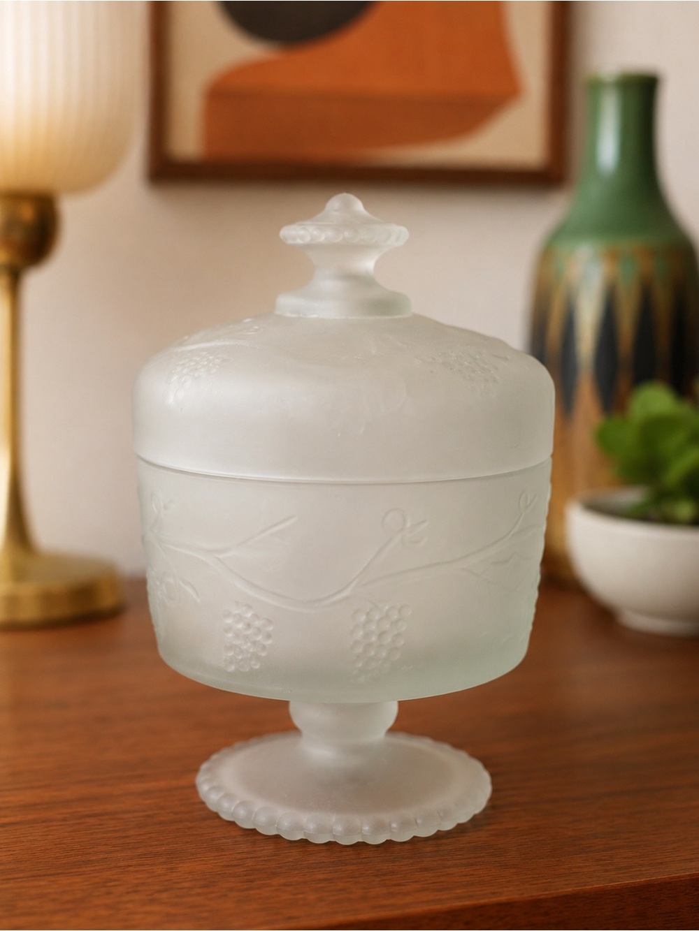 Vintage Frosted Satin Glass Covered Candy Dish – Grape Vine Pedestal Compote– 6”